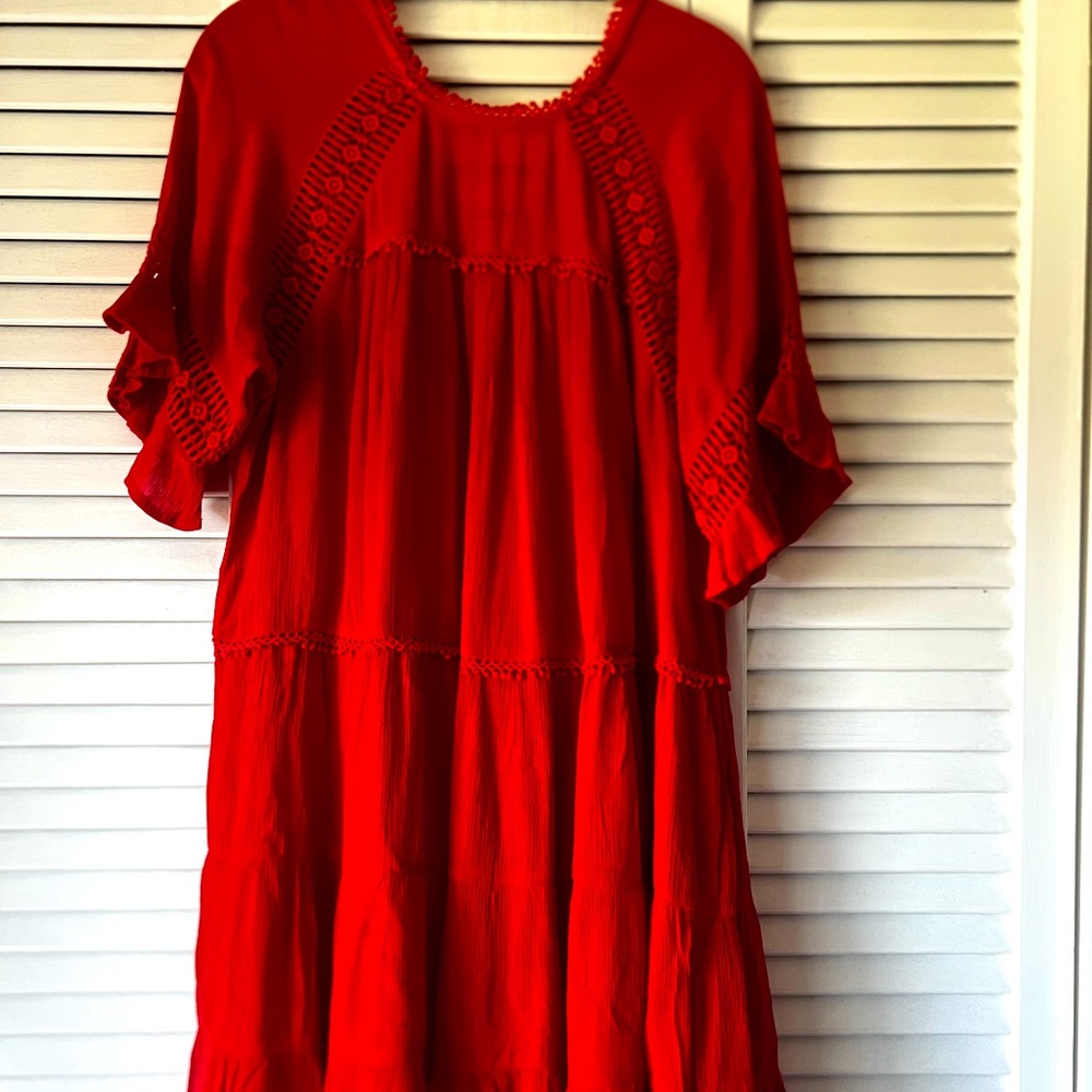 Red very flowy dress made in India cotton rich with crochet accents